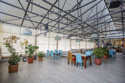 Empty chairs and tables in restaurant