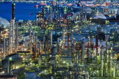 High angle view of illuminated city at night