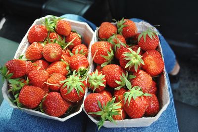 High angle view of strawberries in container