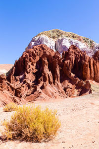 Rock formations on mountain against clear sky