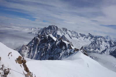 Scenic view of snow covered mountains against sky