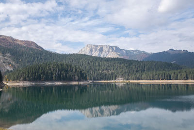 Scenic view of lake and mountains against sky