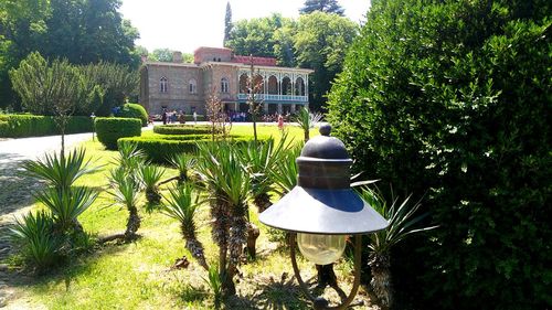 Gazebo by plants against sky