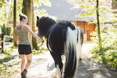 Rear view of woman riding horse on field