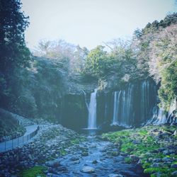 Scenic view of waterfall in forest against clear sky