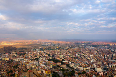 High angle shot of townscape against sky