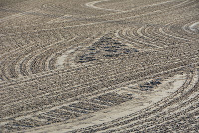 High angle view of tire tracks on road