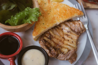 High angle view of food in plate