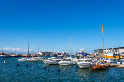 Boats moored at harbor