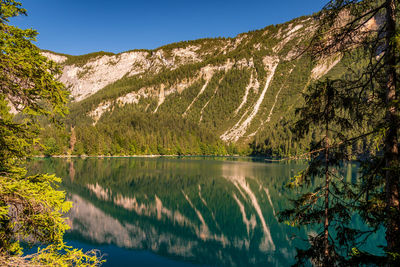 Scenic view of lake and mountains against sky