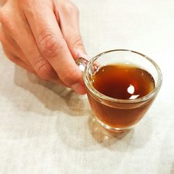 Close-up of hand holding tea cup on table