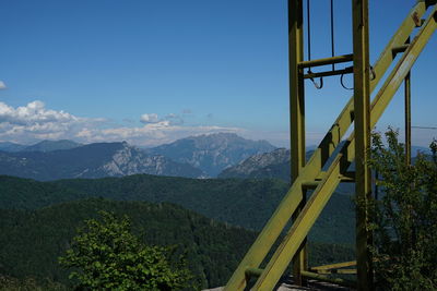 Scenic view of mountains against blue sky