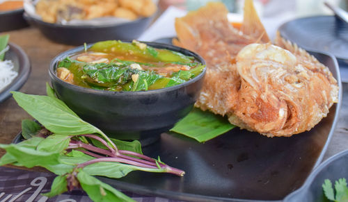 High angle view of food in plate