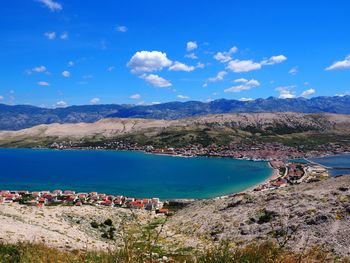 High angle view of beach against blue sky