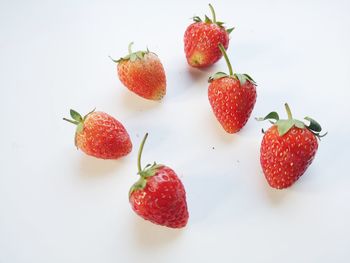 High angle view of strawberries on table against white background