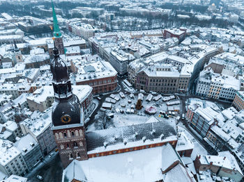 Aerial view of the christmas market in the riga old town