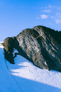 Scenic view of snowcapped mountains against clear blue sky