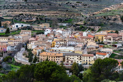 High angle view of buildings in town