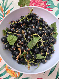 High angle view of fruits in plate on table