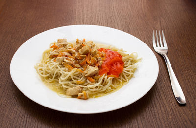 High angle view of food in plate on table