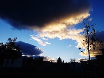 Silhouette trees and buildings against sky at sunset