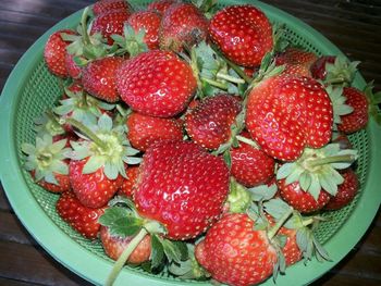 High angle view of strawberries in bowl