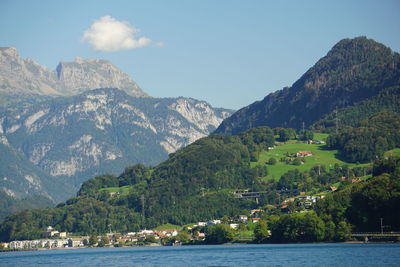 Scenic view of sea and mountains against sky