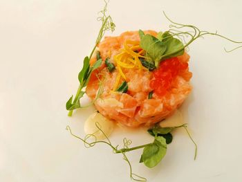 Close-up of fish served on plate against white background