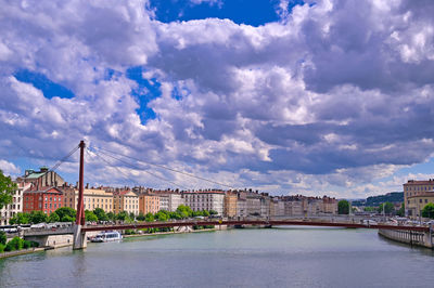 Bridge over river with city in background