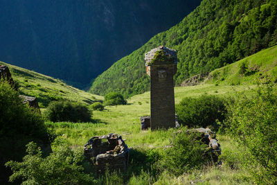 Ancient historical tower in the mountains of chechnya