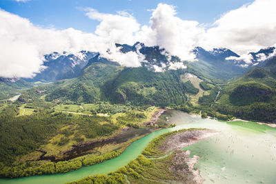 Aerial view of the stave river flowing into stave lake, mission, b.c.