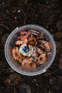 High angle view of candies on field
