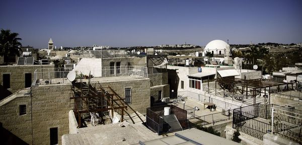 High angle view of townscape against clear sky