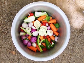 High angle view of chopped vegetables in bowl