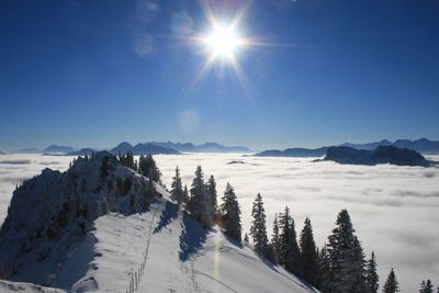 Scenic view of snowcapped mountains against clear sky