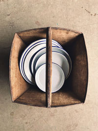 High angle view of bread in bowl on table