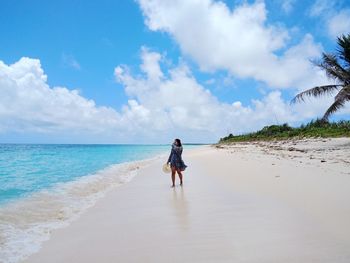 Rear view of man on beach against sky