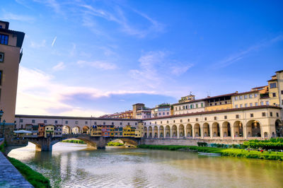 Bridge over river against buildings in city