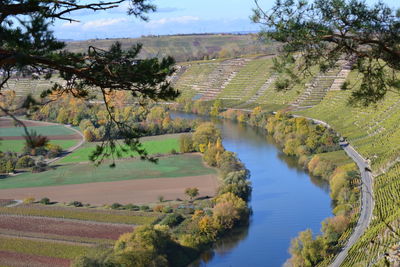 High angle view of river amidst trees against sky