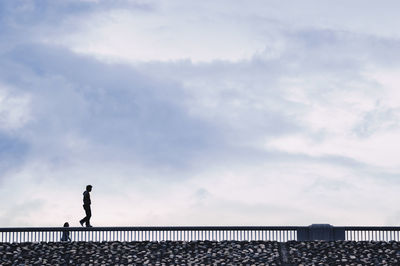 Silhouette man standing by railing against sky