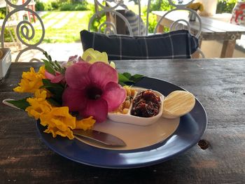 Close-up of fruits in plate on table