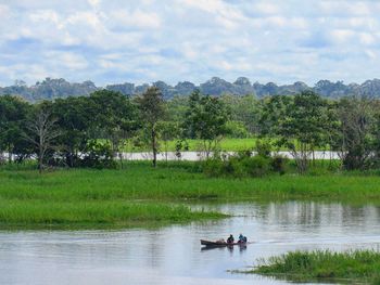 Scenic view of river by trees against sky