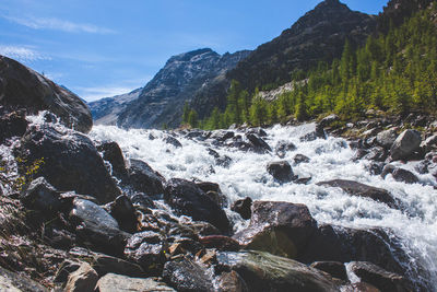 Scenic view of waterfall in forest against sky