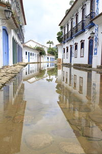 Reflection of houses in puddle