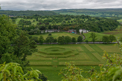 View of the scottish countryside with creatively landscaped green meadows, stirling