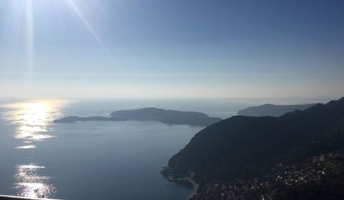 Scenic view of sea and mountains against sky