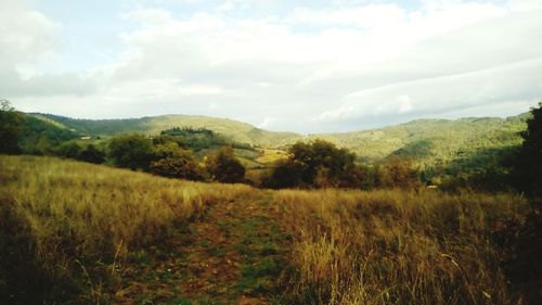 Scenic view of green landscape and mountains against sky