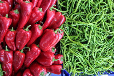 High angle view of red chili peppers for sale in market