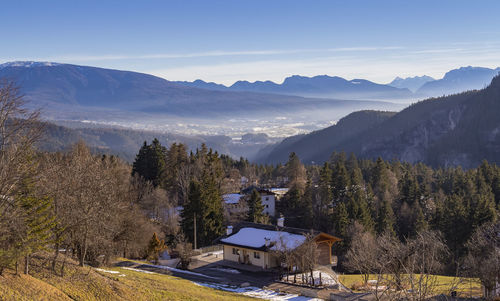 Alpine scenery around a village named st felix in south tyrol at winter time