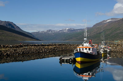 Ship moored on lake against sky